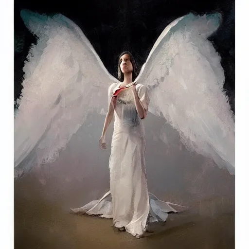 Image similar to Painting by Greg Rutkowski, an opera singer in a white dress with wings on stage