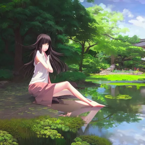 Prompt: a beautiful girl with long dark hair, sitting by a pond, japanese garden, daytime, sharp focus, intricate, artstation, official media, anime key visual, highly detailed, rich vivid colors, ambient lighting, dynamic lighting, art by Artgerm, Makoto Shinkai, Ilya Kuvshinov, Lois Van Baarle, and Rossdraws