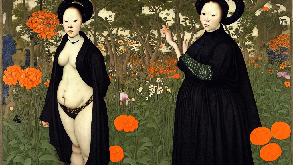 Prompt: portrait of a curvy woman with orange hair buns, wearing a black raincoat, standing in a garden full of plants and flowers, intricate details, high detail, in the style of rogier van der weyden and jacopo da pontormo, punk, asian art,