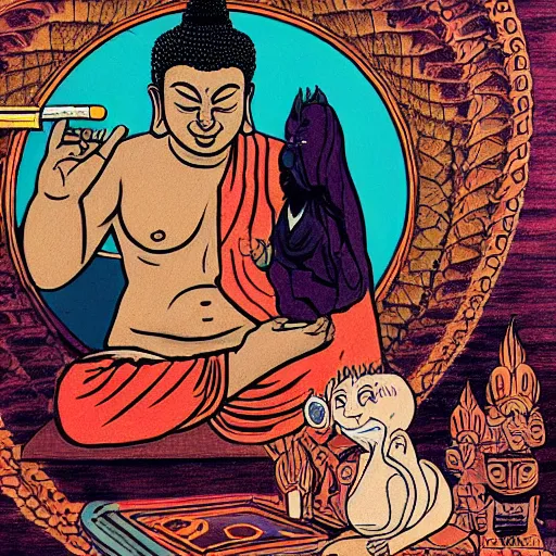 Prompt: precisely drawn illustration of buddha smoking a joint, wide angle, no artefacts, sharp, fine details, french comic style, vibrant realistic colors, full color, heroic fantasy, clear detailed view, intense line art, 8 k, precise linework, realistic, in the style of heavy metal comics and richard corben and moebius