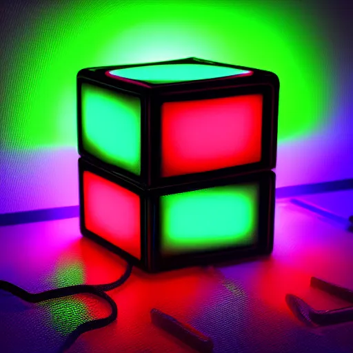 Image similar to digital concept art of a neon 3x3 rubik’s cube, glowing, cubes filled with neon gas, hd, 8k, cinematic lighting, rim lighting, product image