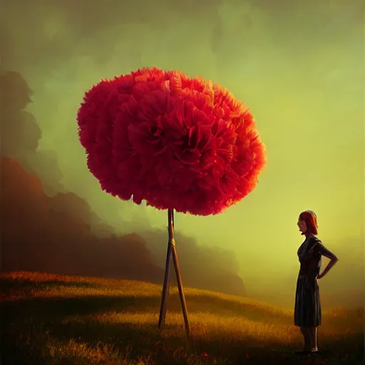 Image similar to giant carnation flower head, girl in suit, surreal photography, sunrise, dramatic light, impressionist painting, digital painting, artstation, simon stalenhag