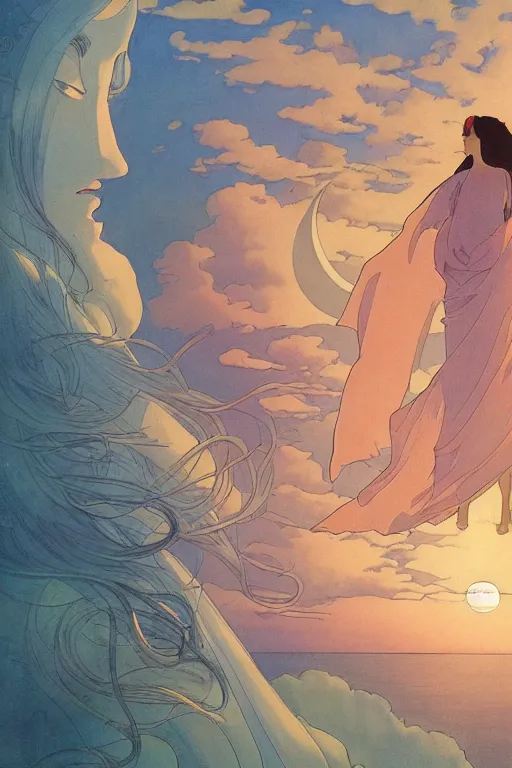 Prompt: A mystic woman peers over the horizon to find the sun setting over another planet and a fine mist of mana obscuring her vision by studio ghibli and mucha