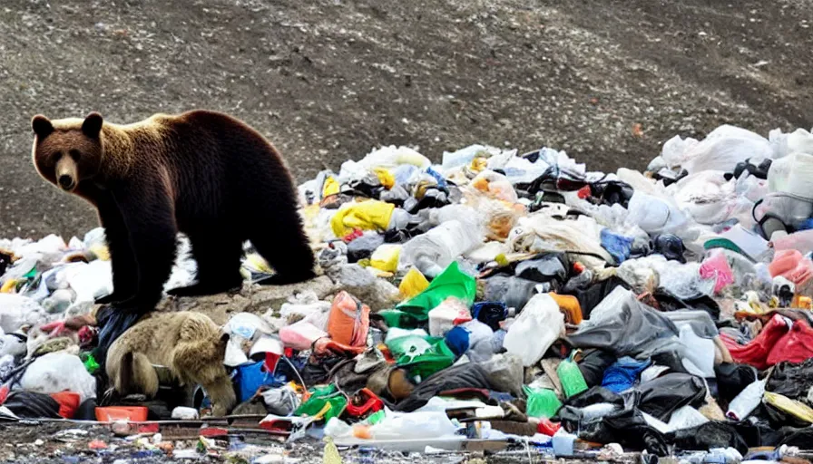 Prompt: a bear on top of a mountain of trash