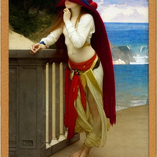 Image similar to A girl with jester hat and clothes on the front of a Balustrade with a beach on the background, major arcana clothes, by paul delaroche, alphonse mucha and arnold böcklin arnold böcklin hyperrealistic 8k, very detailed