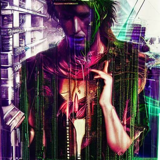 Prompt: warlock architect cyberpunk realism, mysterious, photo realism, style of david lachapelle, 3 5 mm