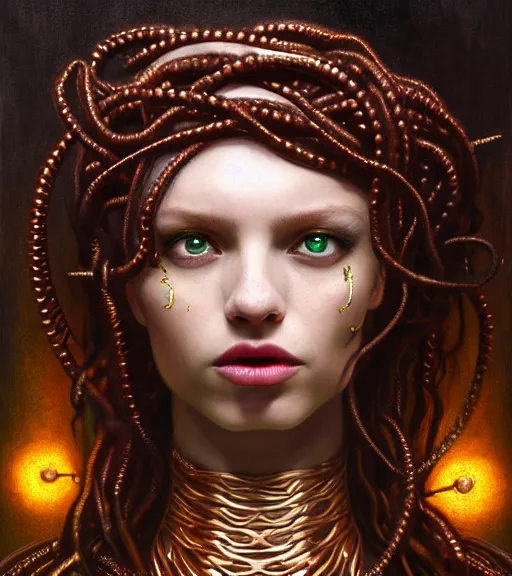 Image similar to portrait of alopecia naughty teen medusa, vipers grow from her head, wearing an embroidered rusty tunic, dark background, intricate, elegant, copper and emerald jewelry, glowing lights, highly detailed, digital painting, artstation, concept art, smooth, sharp focus, illustration, art by wlop, mucha, artgerm, and greg rutkowski