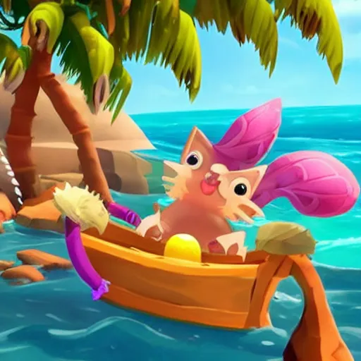 Image similar to hedgehog in a bikini in sea of thieves, hedgehog wearing a bikini, cute, colourful, happy, adorable, funny