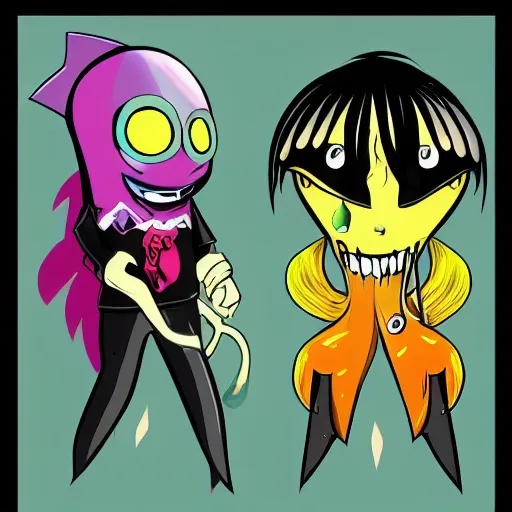 Image similar to vintage cartoon psychic punk rocker electrifying rockstar with a giant vampiric squid for a head concept character designs of various shapes and sizes by genndy tartakovsky and Lauren faust trending on art station