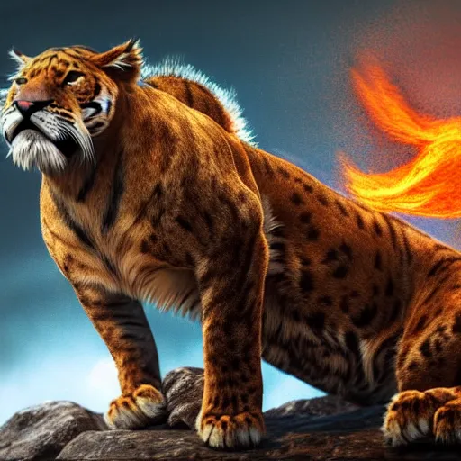 Image similar to mix of puma and jaguar and lion and tiger jumping over a cliff, giant cat monster, 8 k ultra realistic animal, detailed intricate fur, flame in the fur, full of colour, cinematic lighting, battered, trending on artstation, 4 k, hyperrealistic, focused, extreme details, unreal engine 5, cinematic, masterpiece, art by ayami kojima