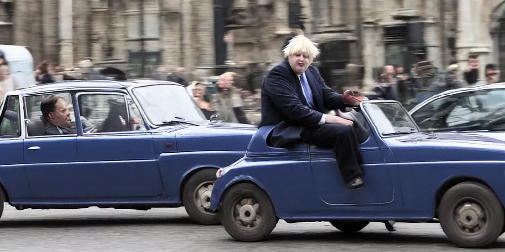 Prompt: boris johnson driving mr. bean car