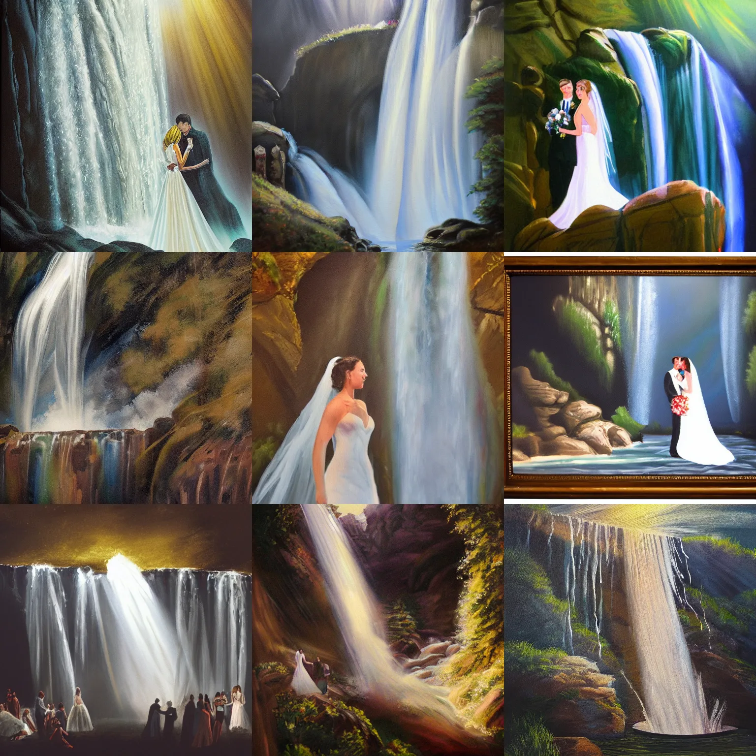 Prompt: an award wining painting of waterfall of the bride, cinematic lighting