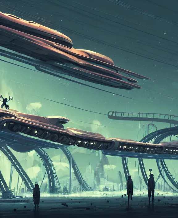 Image similar to simplicity, a roller coaster made out of simple weird organic creatures, in the style of a streamlined asymmetrical spaceship, bleak apocalyptic environment, by dan mumford, yusuke murata, makoto shinkai, ross tran, cinematic, unreal engine, cel shaded, featured on artstation, pixiv