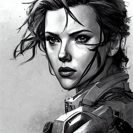 Image similar to solid snake played by by scarlett johansson, military art, face portrait, hd shot, digital portrait, elegant, beautiful, fantasy art, artstation, comic style, by artgerm, guy denning, jakub rozalski, magali villeneuve and charlie bowater