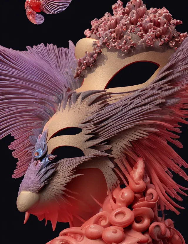 Image similar to 3 d venus goddess close - up profile portrait biomechanics. beautiful intricately detailed japanese crow kitsune mask and clasical japanese kimono. betta fish, jellyfish phoenix, bio luminescent, plasma, ice, water, wind, creature, artwork by tooth wu and wlop and beeple and greg rutkowski