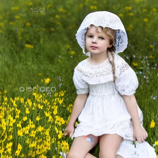 Prompt: beautiful pioneer girl in a meadow, white lacy dress and bonnet, portrait