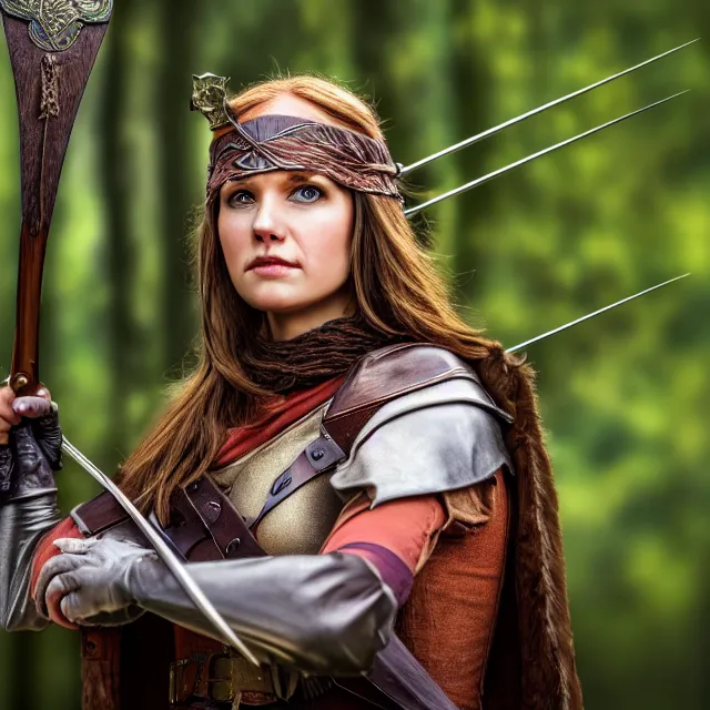 Image similar to beautiful female robin hood warrior, highly detailed, 8 k, hdr, smooth, sharp focus, high resolution, award - winning photo