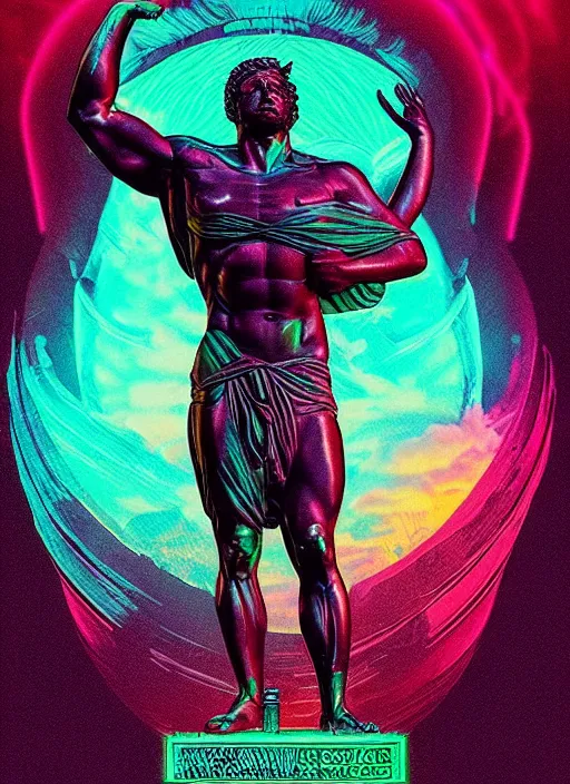 Image similar to statue of hercules, heroic, beeple, android jones, dan mumford, vaporwave, retrowave, black background, neon wiring, black, glitch, strong contrast, cuts, pinterest, trending on artstation