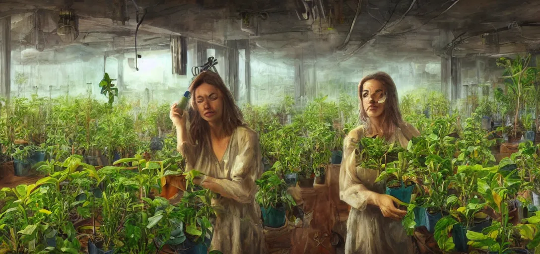 Prompt: gloomy Biopunk, organic oil painting of solarpunk woman cultivating hydroponic plants, wide shot, indoors