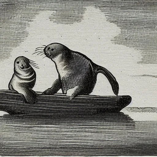 Image similar to baby seals sailing on boat, engraving from 1750