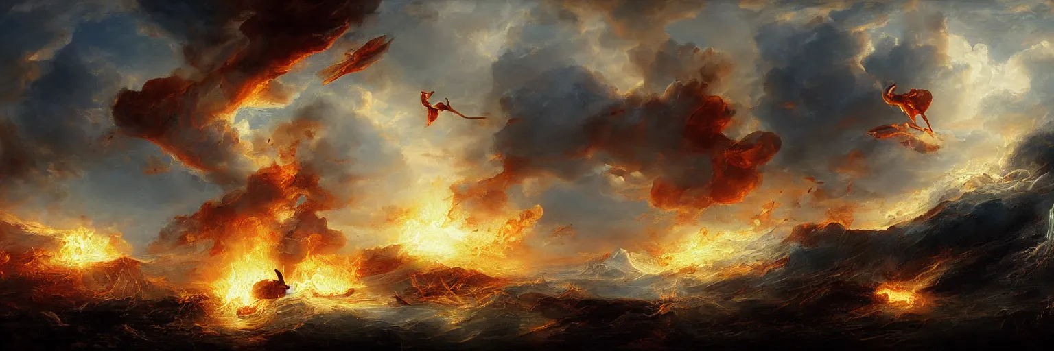 Prompt: awe-inspiring guy rutkowski landscape digital art painting of icarus crashing and burning his chariot