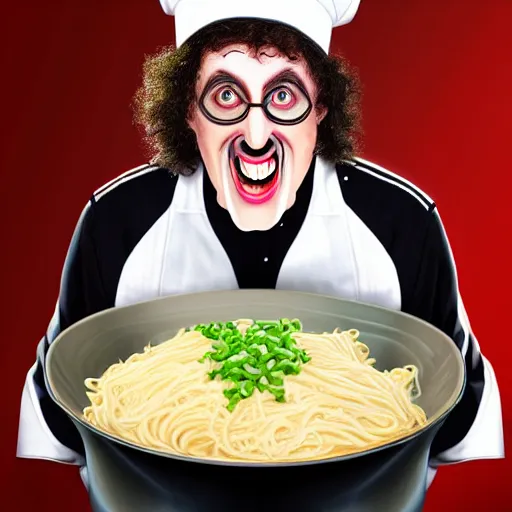 Image similar to a crazed weird al wearing a chef's hat and uniform with half of his lower body inside a bowl of alfredo, realistic, hyperrealistic, ultra realistic, real, real world, highly detailed, very detailed, extremely detailed, intricate details, 8 k resolution, hd quality