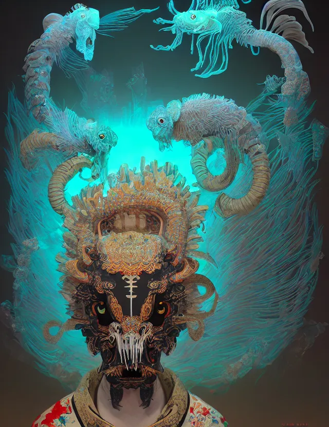 Prompt: 3 d liminal space abandoned temple frontal portrait with ram skull. beautiful intricately detailed japanese crow kitsune mask and clasical japanese kimono. betta fish, jellyfish phoenix, bio luminescent, plasma, ice, water, wind, creature, artwork by tooth wu and wlop and beeple and greg rutkowski