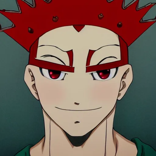 Image similar to man with red eyes and a crown grinning, anime