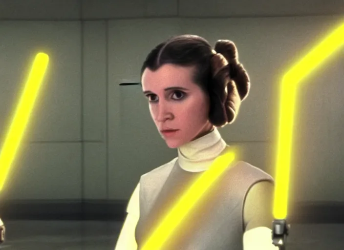 Image similar to screenshot portrait solo shot of Princess Leia training to use a yellow lightsaber at a new Jedi Temple scene from The Force Awakens, 1970s film by Stanley Kubrick, serene, iconic scene, stunning cinematography, hyper detailed, sharp, anamorphic lenses, kodak color film, 4k