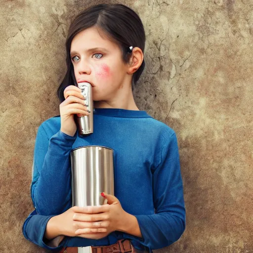 Image similar to a little blue-skinned girl with messy black hair sharp pointed ears freckles along the ridges of her cheeks drinking from a leather flask, dnd triton, high resolution film still, 4k, HDR colors