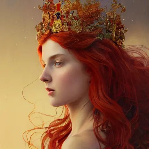 Image similar to beautiful watercolor painting of a young red hair woman wearing a crown of long golden fish, intricate, elegant, highly detailed, digital painting, artstation, concept art, smooth, sharp focus, art by krenz cushart and artem demura and alphonse mucha, dynamic lighting, ultrarealistic, cinematic, octane render, 8 k