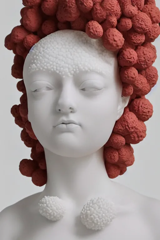 Prompt: full head and shoulders, beautiful female white, porcelain sculpture, with complex colourful plastic coral sea anemones on her head by daniel arsham and james jean, on a white background, delicate facial features, white eyes, white lashes