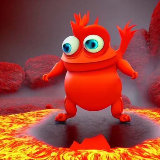 Image similar to a red monster made out of lava and fire with big cartoon eyes 3 d