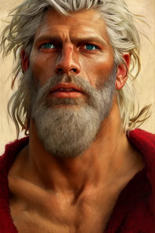 Prompt: painted portrait of rugged tony hawk, god of thunder, greek god, white hair, masculine, mature, handsome, upper body, red and gold, muscular, hairy torso, fantasy, intricate, elegant, highly detailed, digital painting, artstation, concept art, smooth, sharp focus, illustration, art by gaston bussiere and alphonse mucha