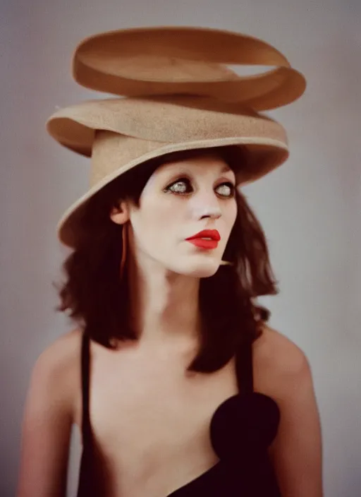Prompt: a fashion portrait photograph of a woman wearing a hat designed by pablo picasso, 3 5 mm, color film camera,