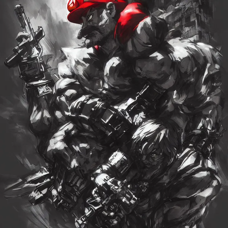 Prompt: super mario. in style of yoji shinkawa and hyung - tae kim, trending on artstation, dark fantasy, great composition, concept art, highly detailed, dynamic pose, vibrant colours.
