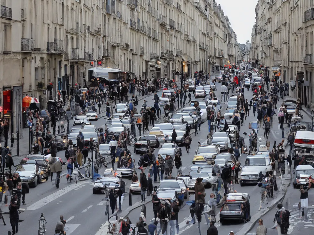 Prompt: rue parmentier with traffic and people partying