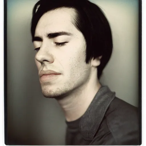 Image similar to a professional polaroid portrait fine art photo of a man with an asymmetrical face with his eyes closed. the man has black hair, light freckled skin and a look of confusion on his face. extremely high fidelity. key light.