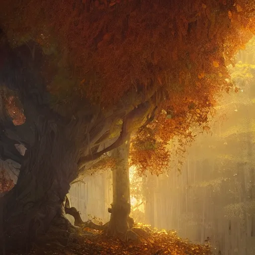 Image similar to tree with golden glowing leaves that grows from the ceiling of an underground cave, oil painting, by greg rutkowski