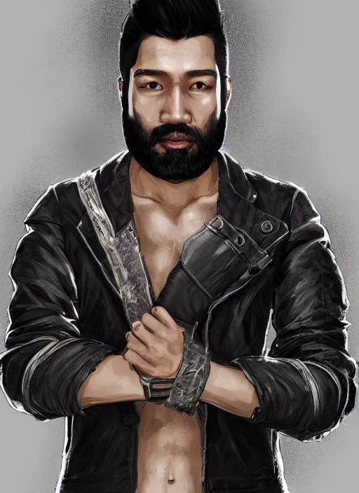 Image similar to a highly detailed illustration of bearded asian man wearing leather jacket with bandaged right hand, focused boxing philly shell stance pose, hands shielding face, intricate, elegant, highly detailed, centered, digital painting, artstation, concept art, smooth, sharp focus, league of legends concept art, WLOP