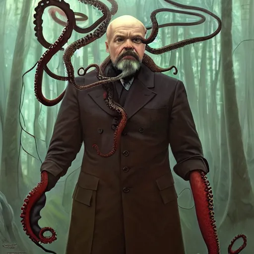 Image similar to photo of vladimir lenin as humanoid octopus with tentacles beard hybrid were a heroic dress an armour in the forest, highly detailed, digital painting, artstation, smooth, sharp focus, illustration, art by artgerm and greg rutkowski and alphonse mucha