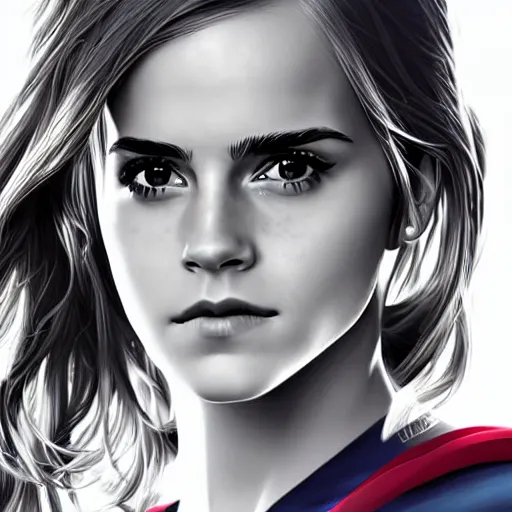 Image similar to emma watson as supergirl, realistic, intricate, elegant, art by artgerm and wlop