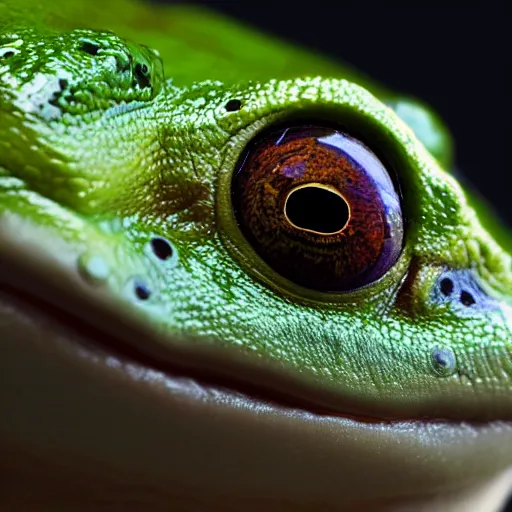 Image similar to closeup of a frog with the eyes of a house - fly, creature hybrid, high resolution photo, trending on artstation, 8 k