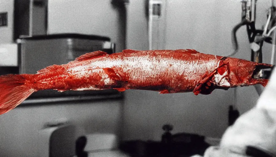 Image similar to 5 0 s movie still of a bloody fish in a hospital, cinestill 8 0 0 t 3 5 mm technicolor, heavy grain, high quality, high detail