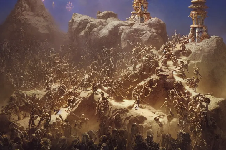 Image similar to a horde of skeletons attacking a tibetian temple, concept art, beautiful, by maxfield parrish, by gustave dore, by peter mohrbacher, by belsinski, sharp focus, vivid color, octane render, cgi, rule of thirds