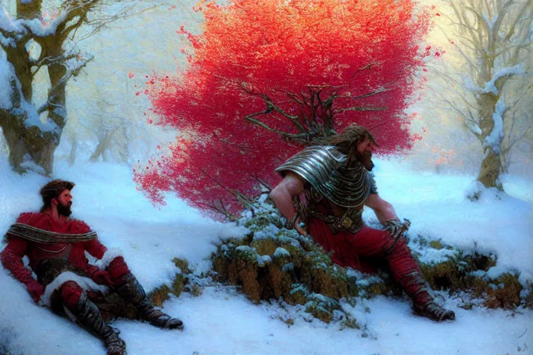 Image similar to winter, a male warrior relaxing under a huge tree with red flowers, ground covered with snow, extreme long shot, fantasy, painting by gaston bussiere, craig mullins, j. c. leyendecker, trending on artstation