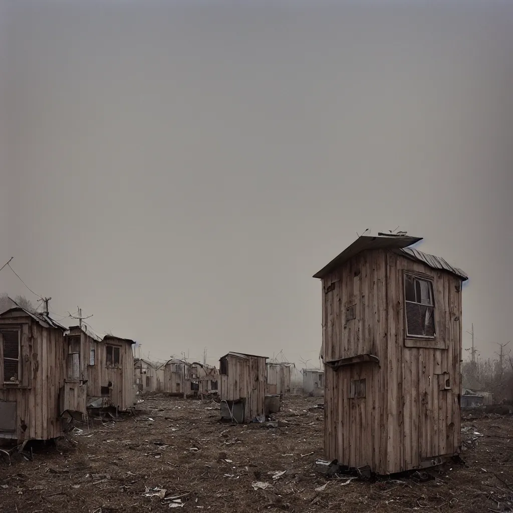 Prompt: two towers, made up of makeshift squatter shacks with faded colours, apocalyptic sky, uneven fog, dystopia, mamiya rb 6 7, fully frontal view, ultra sharp, very detailed, photographed by julie blackmon