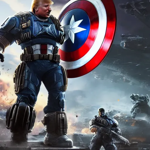 Image similar to Donald Trump as ((captain america)) in Gears of War, patriotic, splash art, movie still, cinematic lighting, dramatic, octane render, long lens, shallow depth of field, bokeh, anamorphic lens flare, 8k, hyper detailed, 35mm film grain