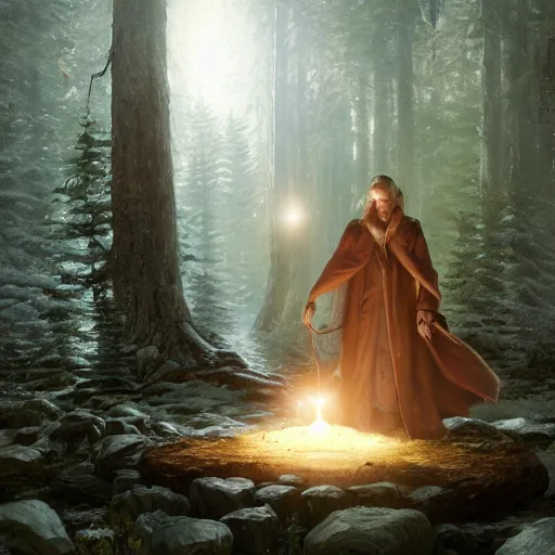 Prompt: a mysterious elf, glowing and wearing a loose robe, levitating and surrounded by an orb of infinite energy, Ivan Shishkin and Greg Rutkowski