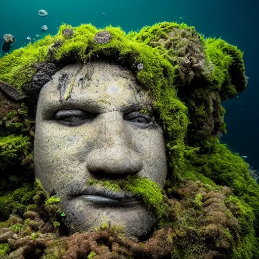 Prompt: Award-winning photograph by Mar Mann. The photo depicts a decaying roman bust of Tim Maia overgrown with moss at the bottom of the sea in the middle of ruins of civilization. Minimalism, high definition, perfect composition. Deep sea picture. Very dark. Volumetric Lighting. Fish. Darkness. Ruins